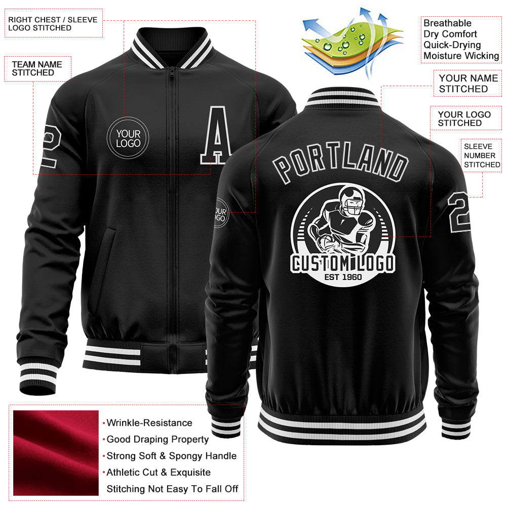 Custom Black White Bomber Varsity Letterman Zipper Jacket view 4