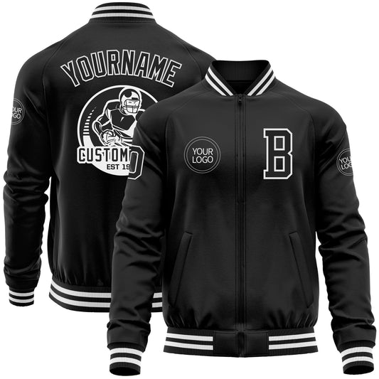Custom Black White Bomber Varsity Letterman Zipper Jacket - Main View