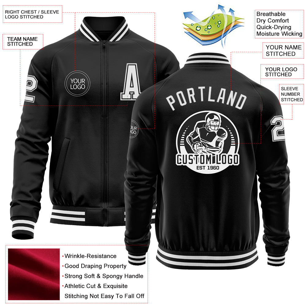 Custom Black White Bomber Varsity Letterman Zipper Jacket view 4