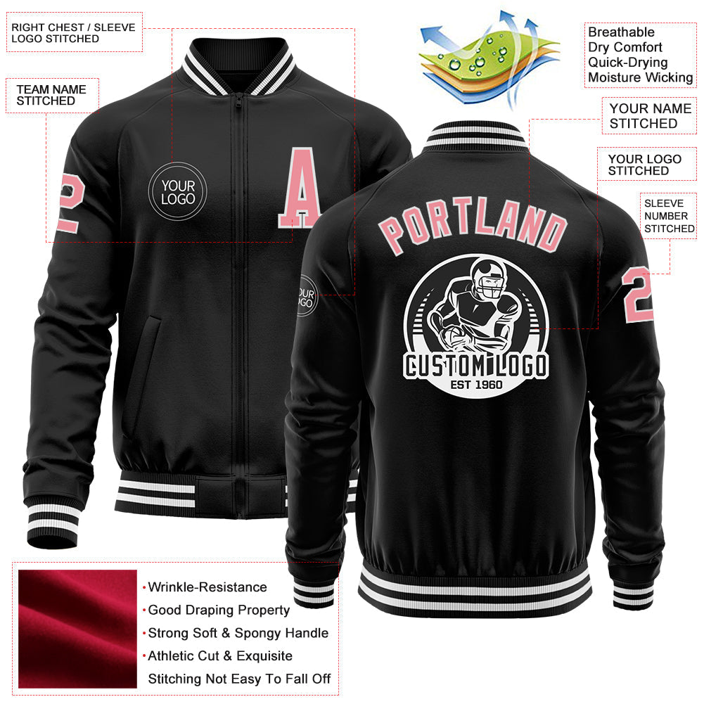 Custom Black Medium Pink-White Bomber Varsity Letterman Zipper Jacket view 4
