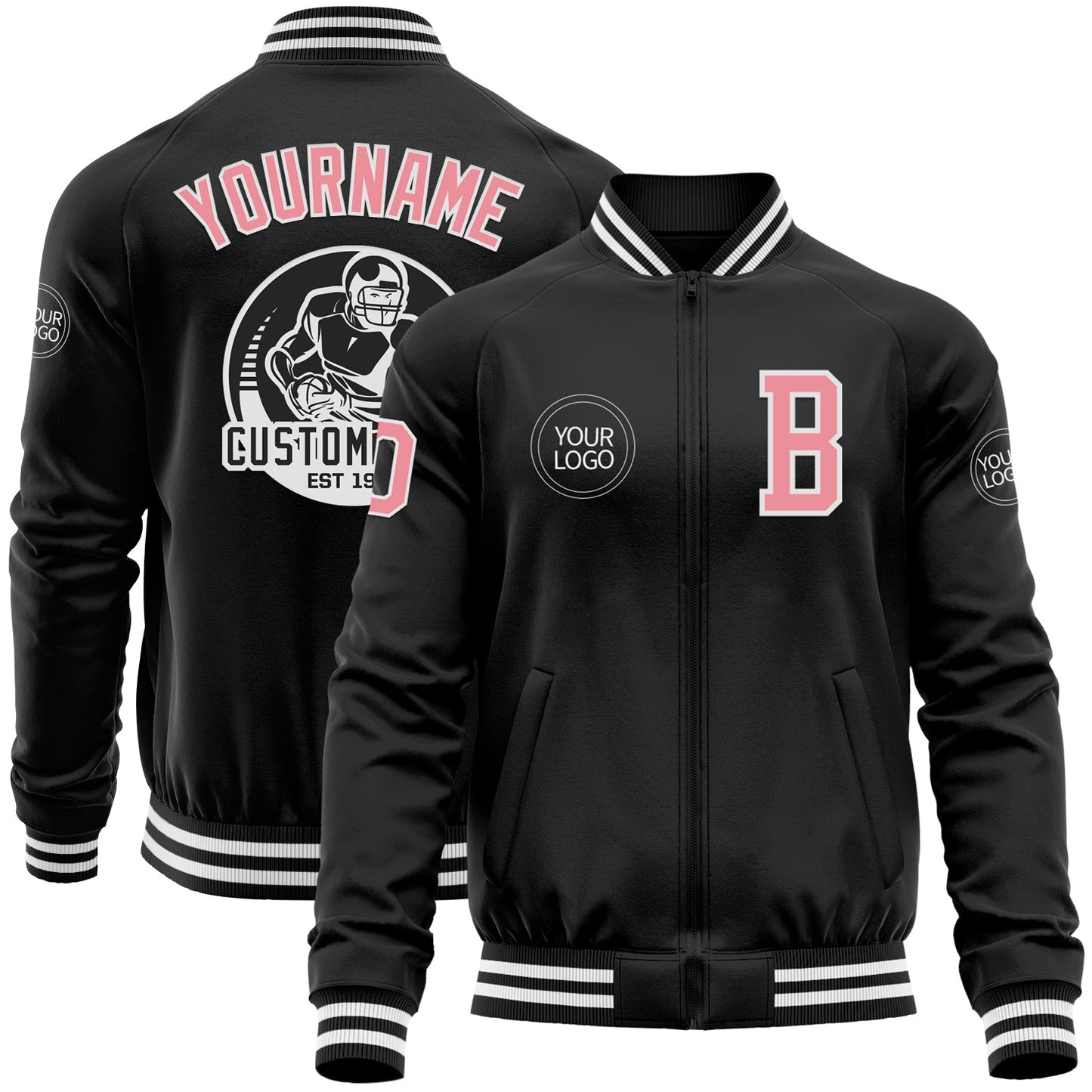 Custom Black Medium Pink-White Bomber Varsity Letterman Zipper Jacket - Main View