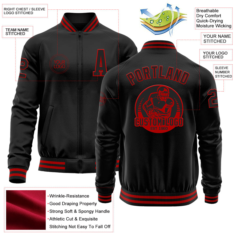 Custom Black Red Bomber Varsity Letterman Zipper Jacket view 4