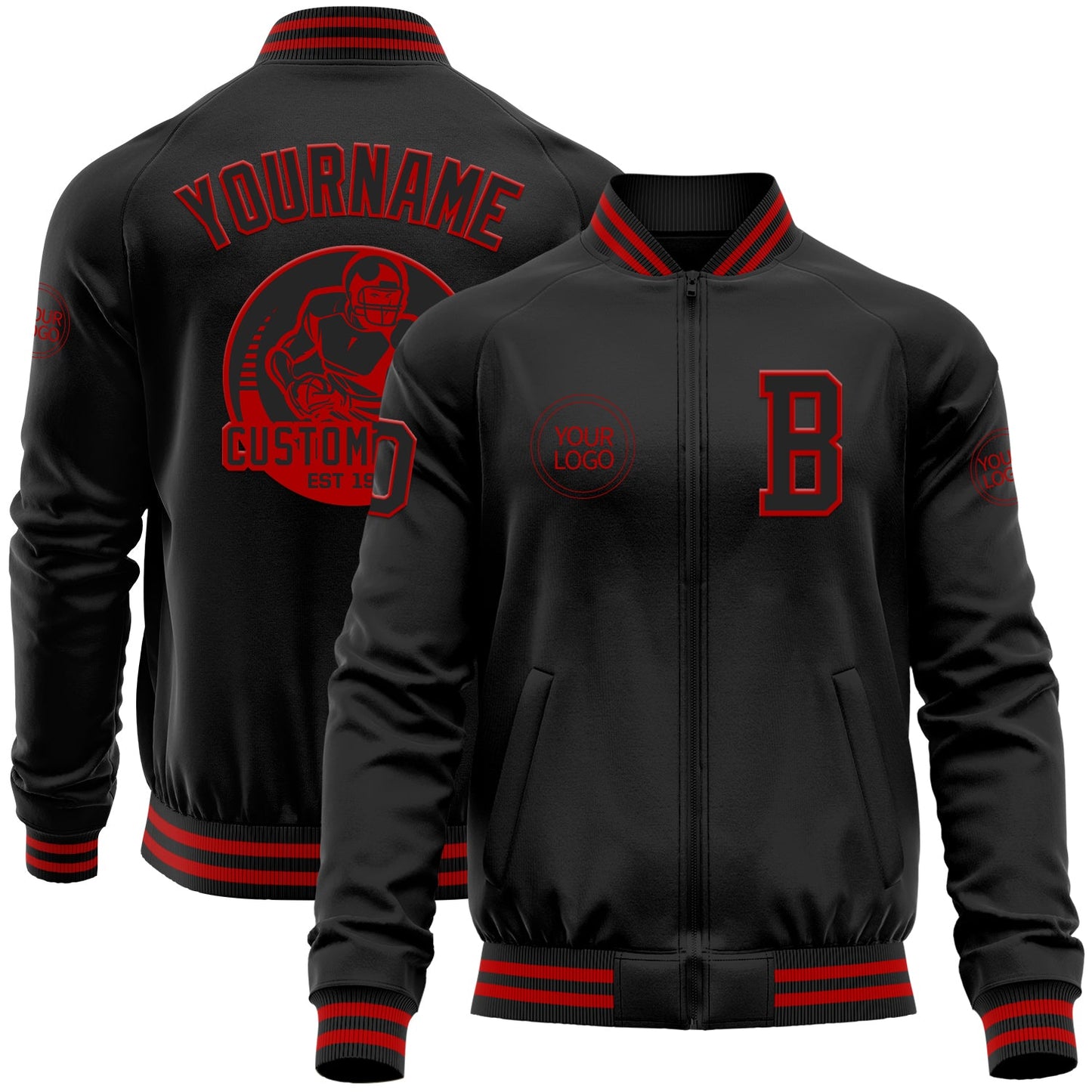 Custom Black Red Bomber Varsity Letterman Zipper Jacket - Main View