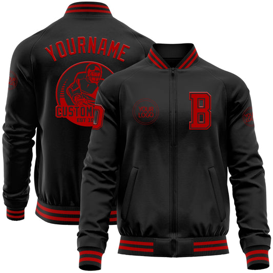 Custom Black Red Bomber Varsity Letterman Zipper Jacket - Main View
