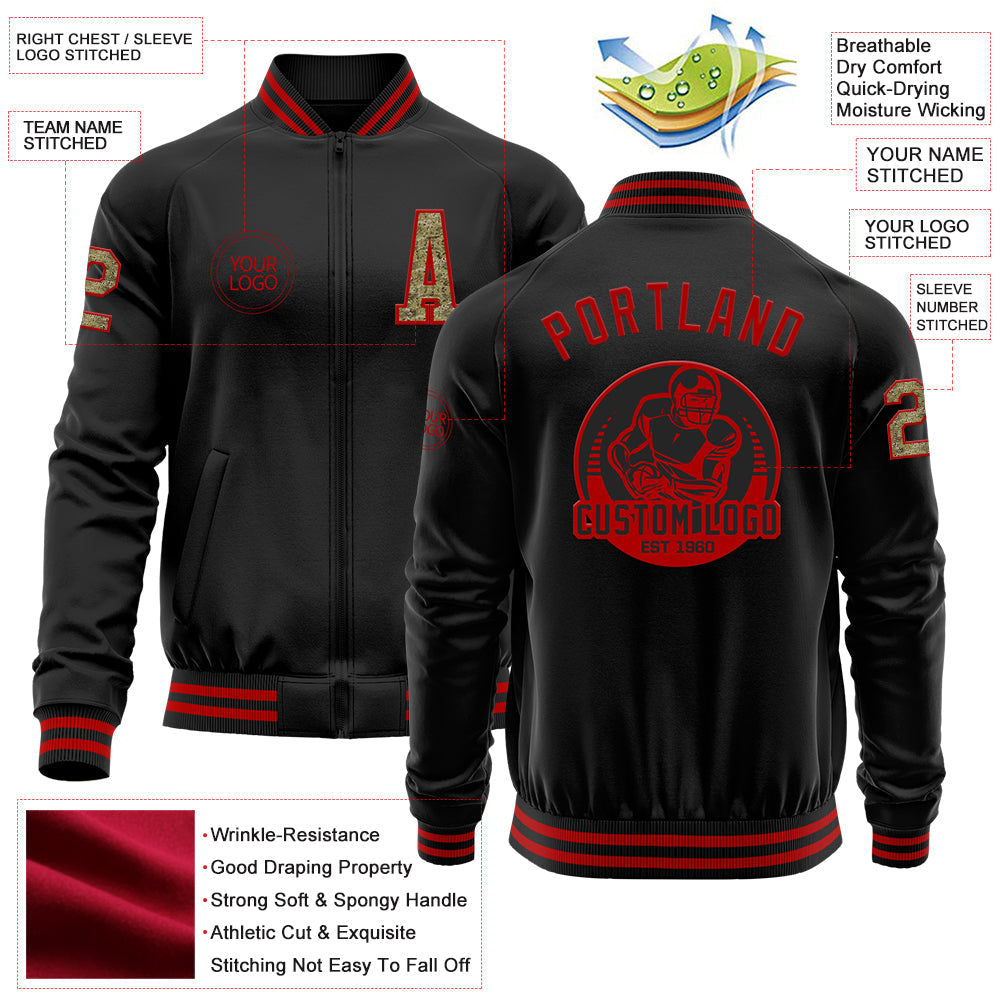 Custom Black Camo-Red Bomber Varsity Letterman Zipper Jacket view 4