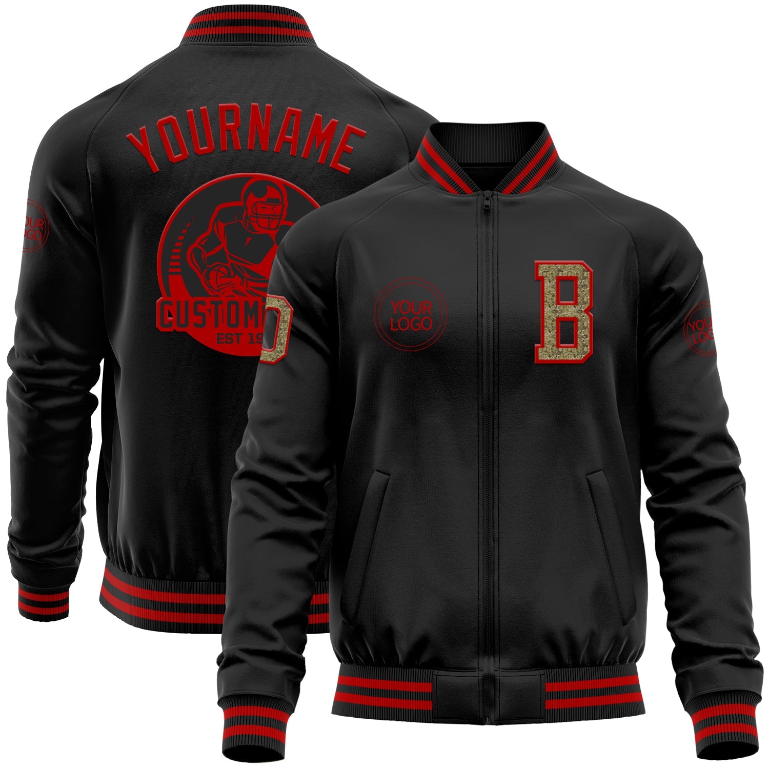 Custom Black Camo-Red Bomber Varsity Letterman Zipper Jacket - Main View