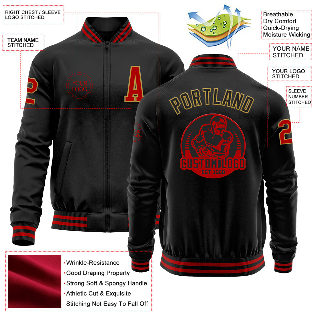 Custom Black Red-Old Gold Bomber Varsity Letterman Zipper Jacket view 4
