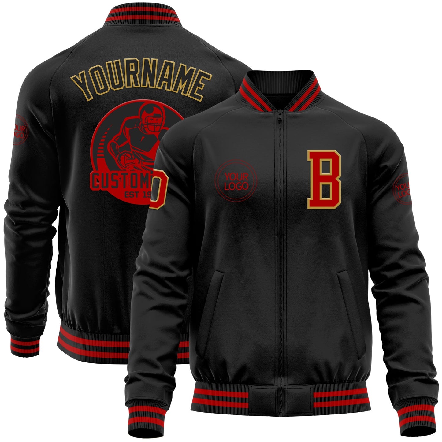 Custom Black Red-Old Gold Bomber Varsity Letterman Zipper Jacket - Main View