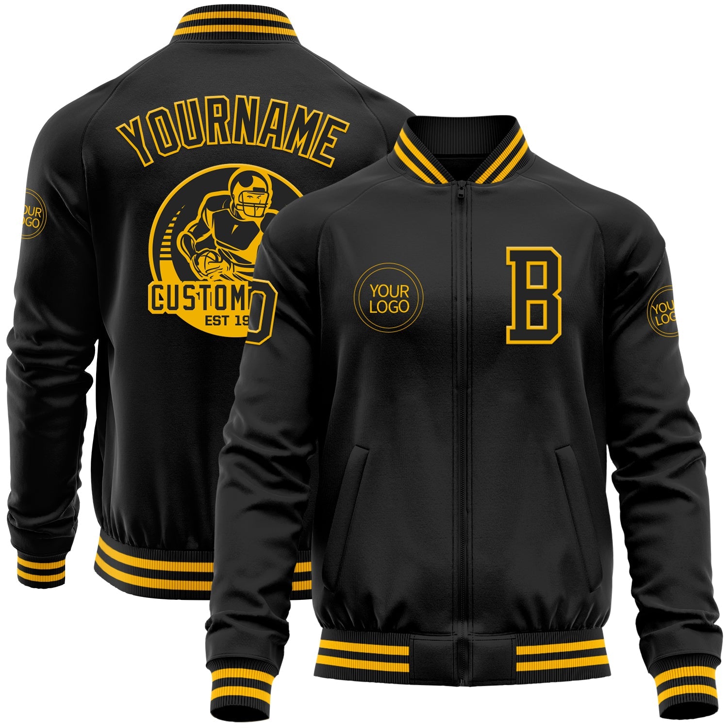 Custom Black Gold Bomber Varsity Letterman Zipper Jacket - Main View