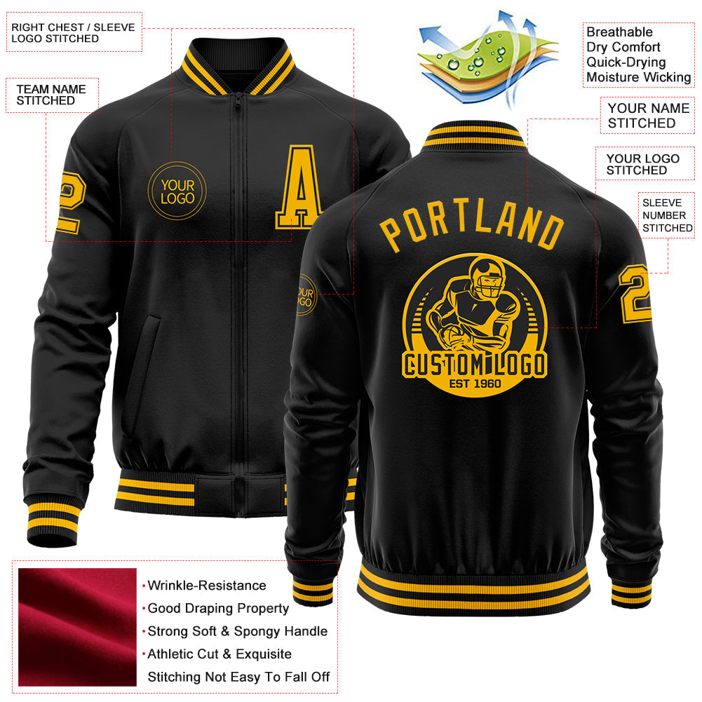 Custom Black Gold Bomber Varsity Letterman Zipper Jacket view 4