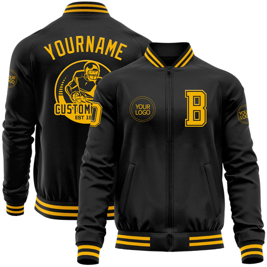 Custom Black Gold Bomber Varsity Letterman Zipper Jacket - Main View