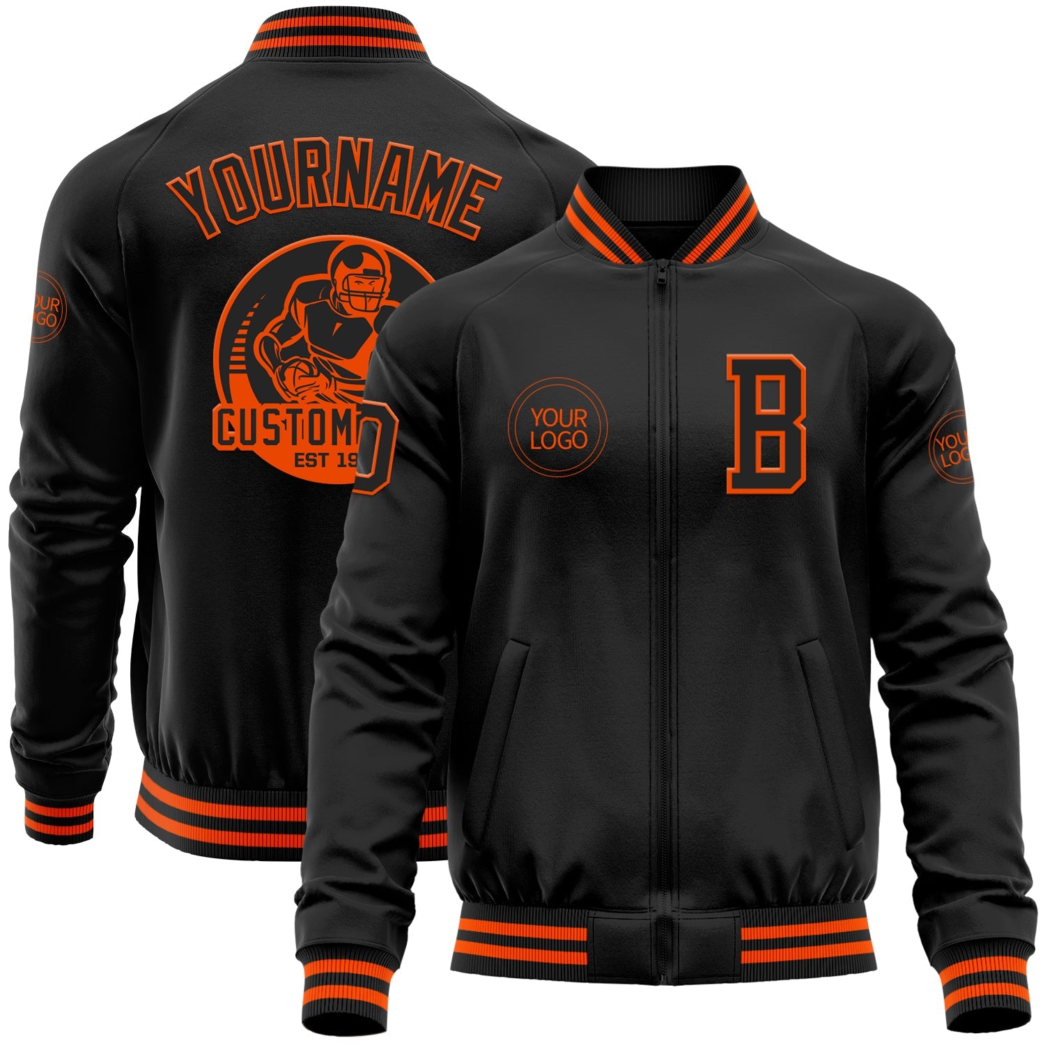 Custom Black Orange Bomber Varsity Letterman Zipper Jacket - Main View