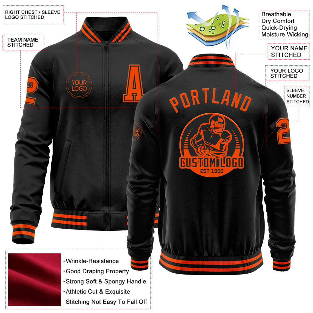 Custom Black Orange Bomber Varsity Letterman Zipper Jacket view 4