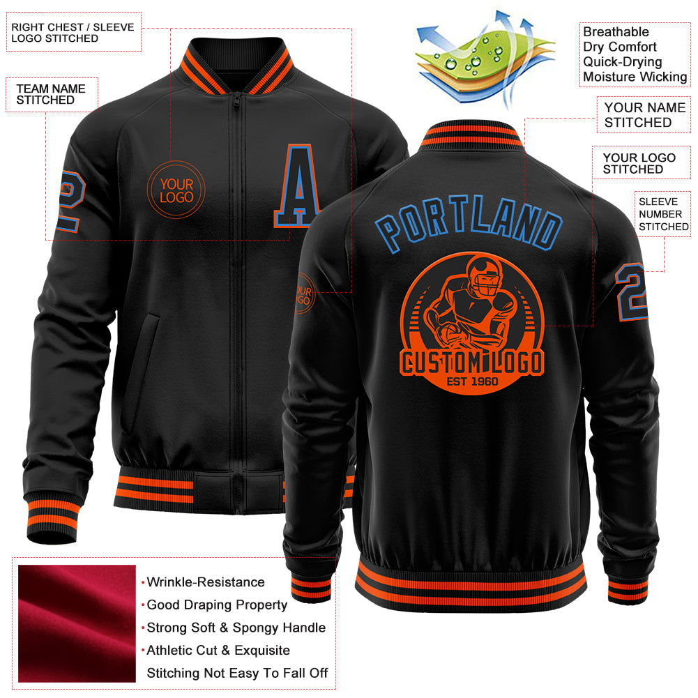 Custom Black Powder Blue-Orange Bomber Varsity Letterman Zipper Jacket view 4