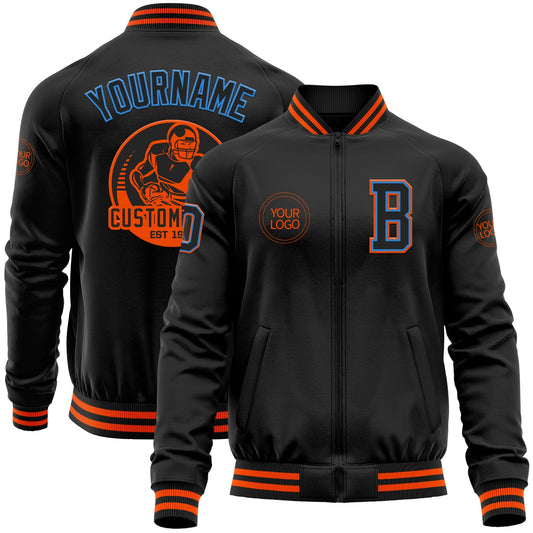 Custom Black Powder Blue-Orange Bomber Varsity Letterman Zipper Jacket - Main View