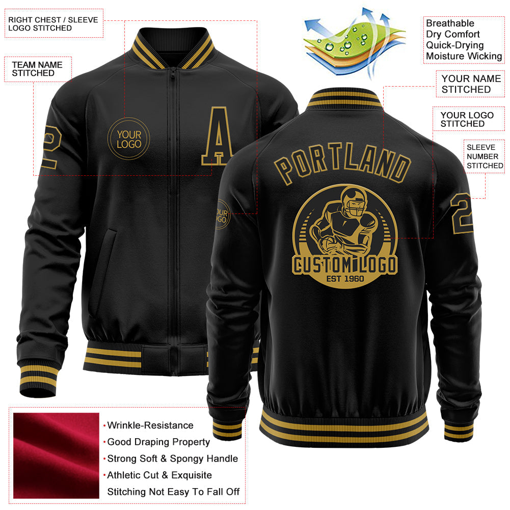Custom Black Old Gold Bomber Varsity Letterman Zipper Jacket view 4