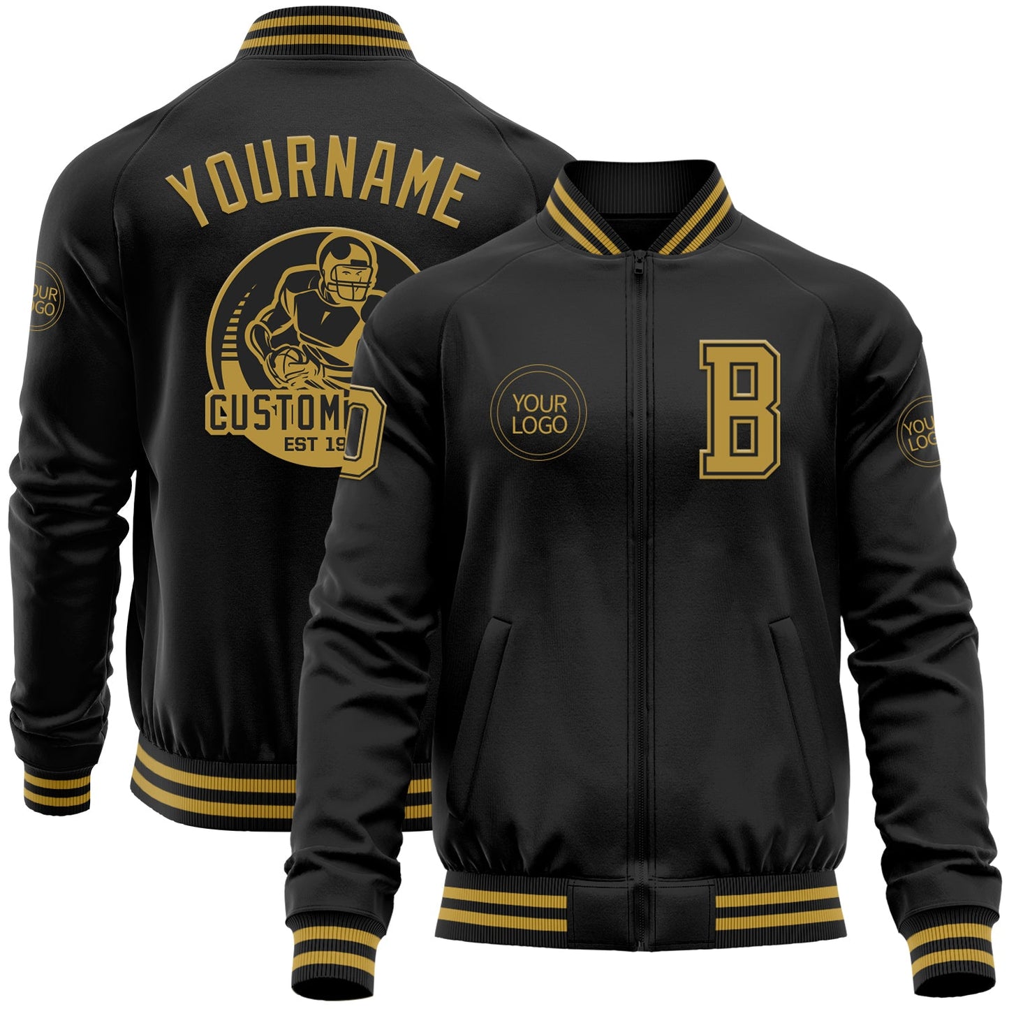 Custom Black Old Gold Bomber Varsity Letterman Zipper Jacket - Main View