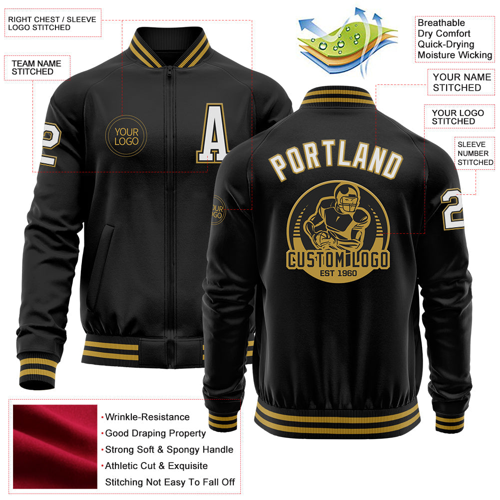 Custom Black White-Old Gold Bomber Varsity Letterman Zipper Jacket view 4