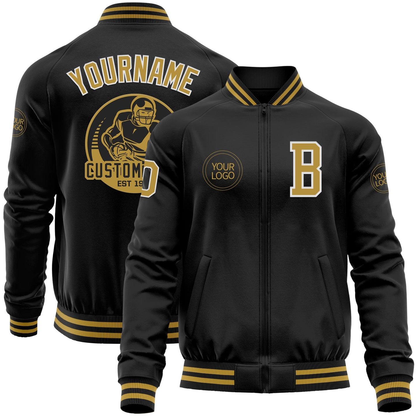 Custom Black Old Gold-White Bomber Varsity Letterman Zipper Jacket - Main View