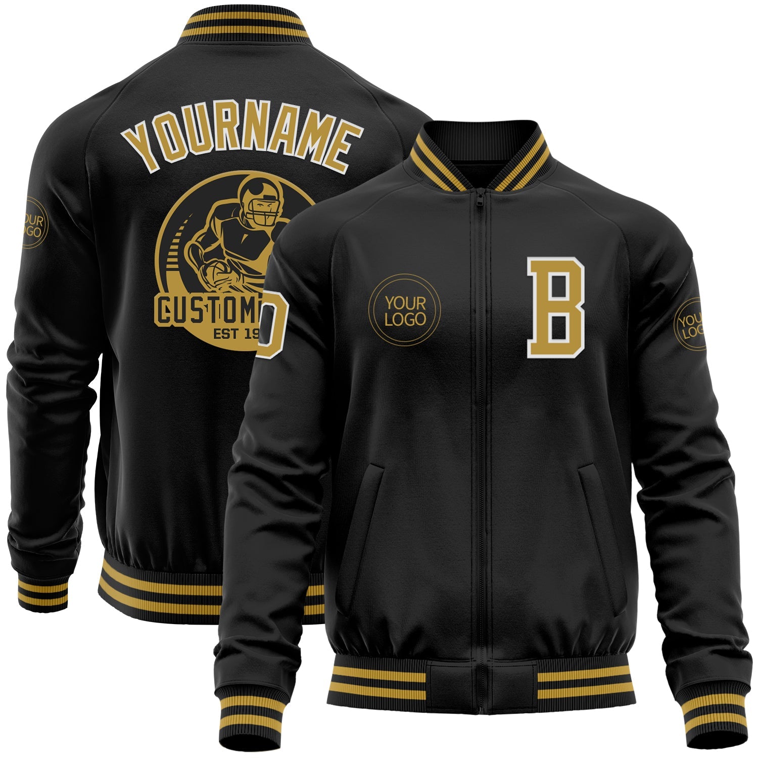 Custom Black Old Gold-White Bomber Varsity Letterman Zipper Jacket - Main View