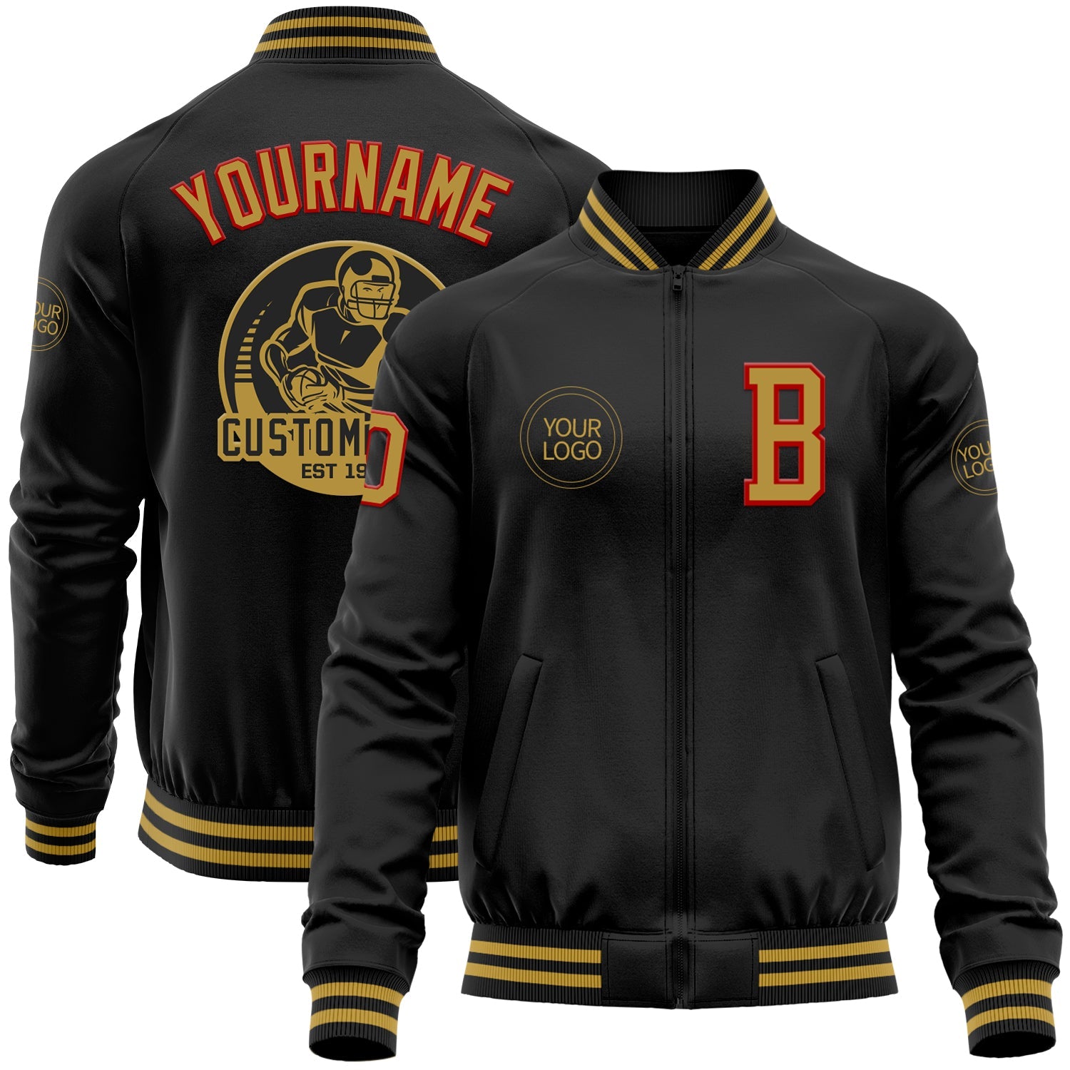 Custom Black Old Gold-Red Bomber Varsity Letterman Zipper Jacket - Main View