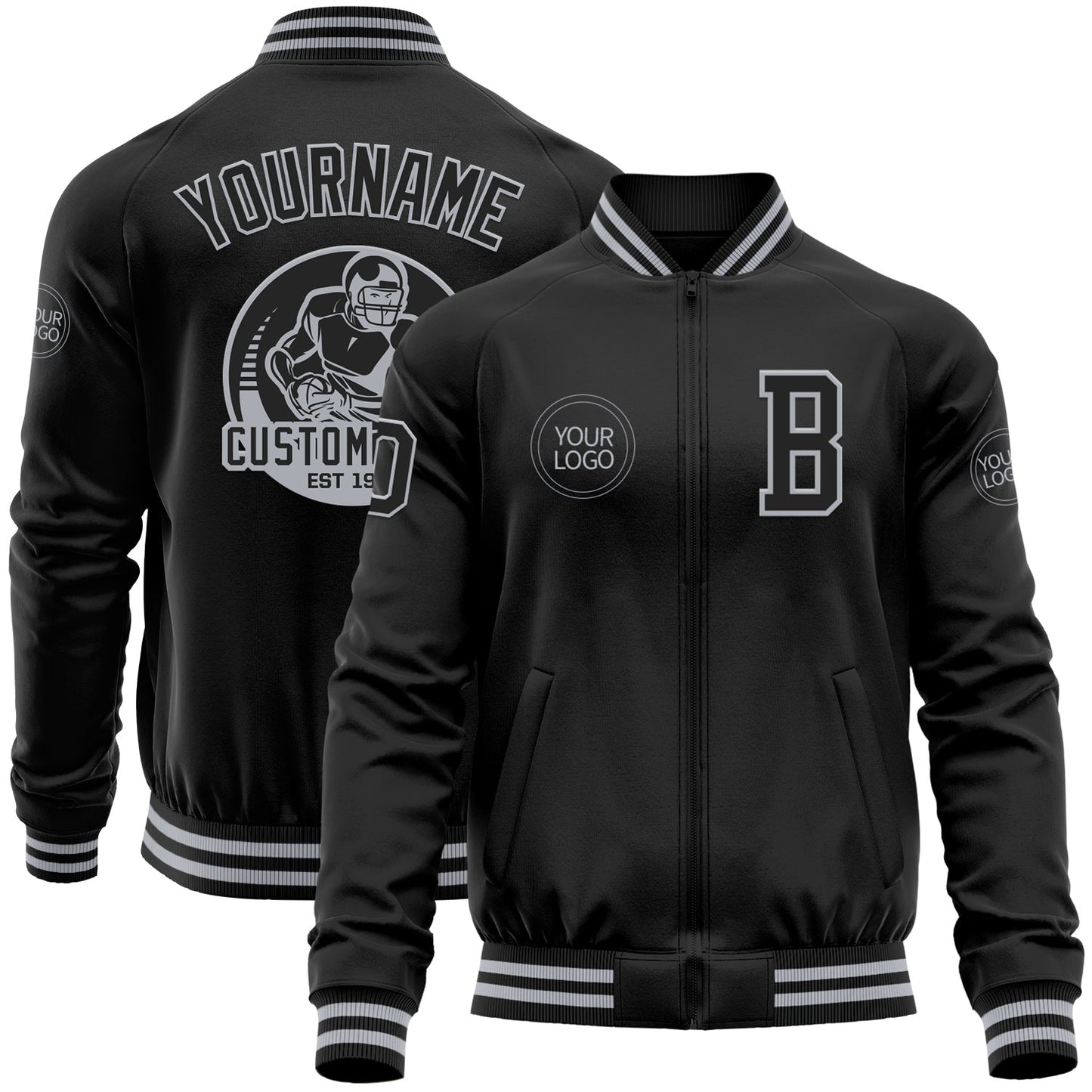 Custom Black Gray Bomber Varsity Letterman Zipper Jacket - Main View