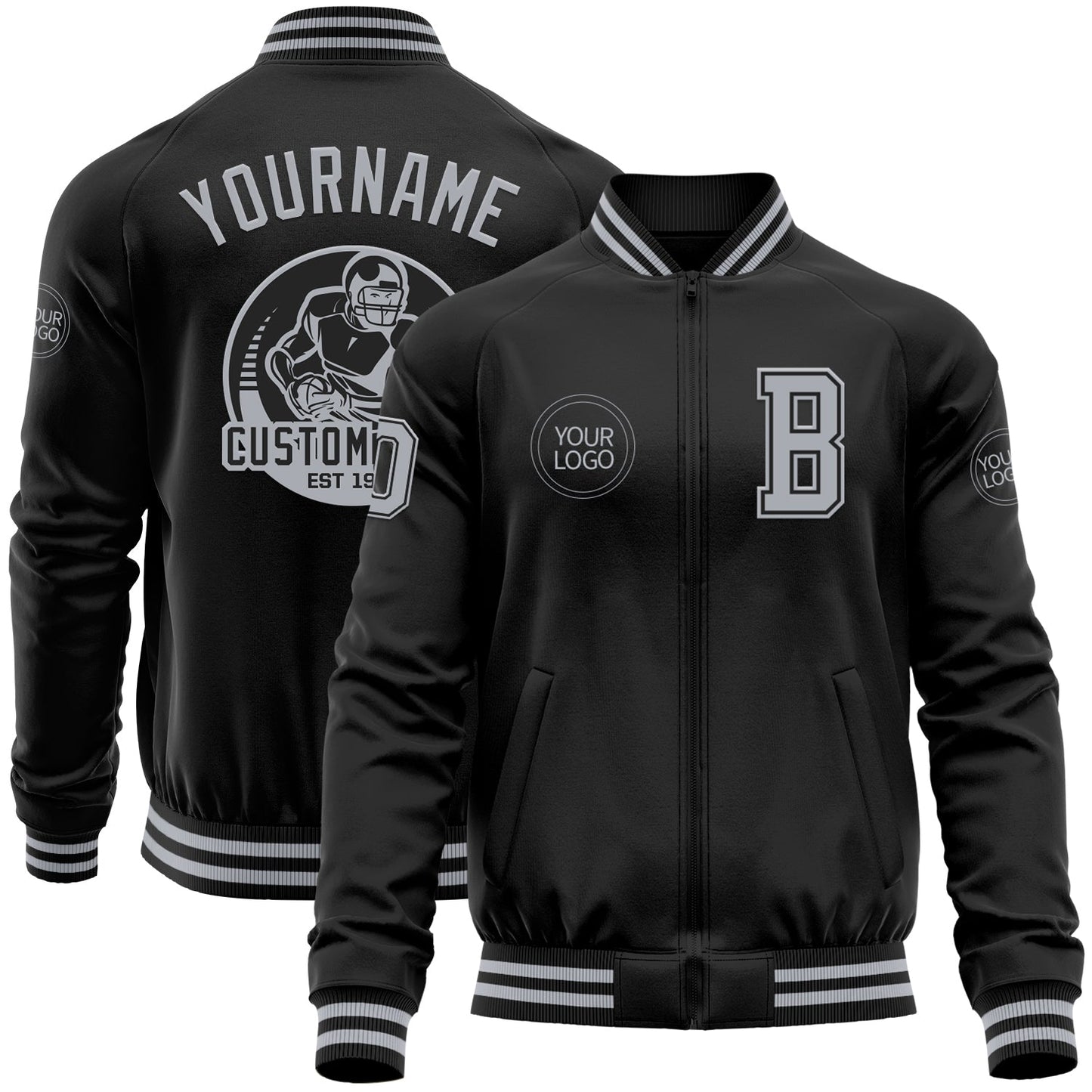 Custom Black Gray Bomber Varsity Letterman Zipper Jacket - Main View