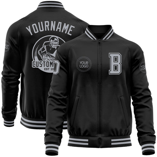 Custom Black Gray Bomber Varsity Letterman Zipper Jacket - Main View