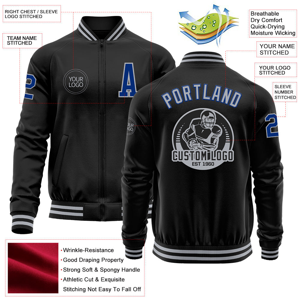 Custom Black Royal-Gray Bomber Varsity Letterman Zipper Jacket view 4
