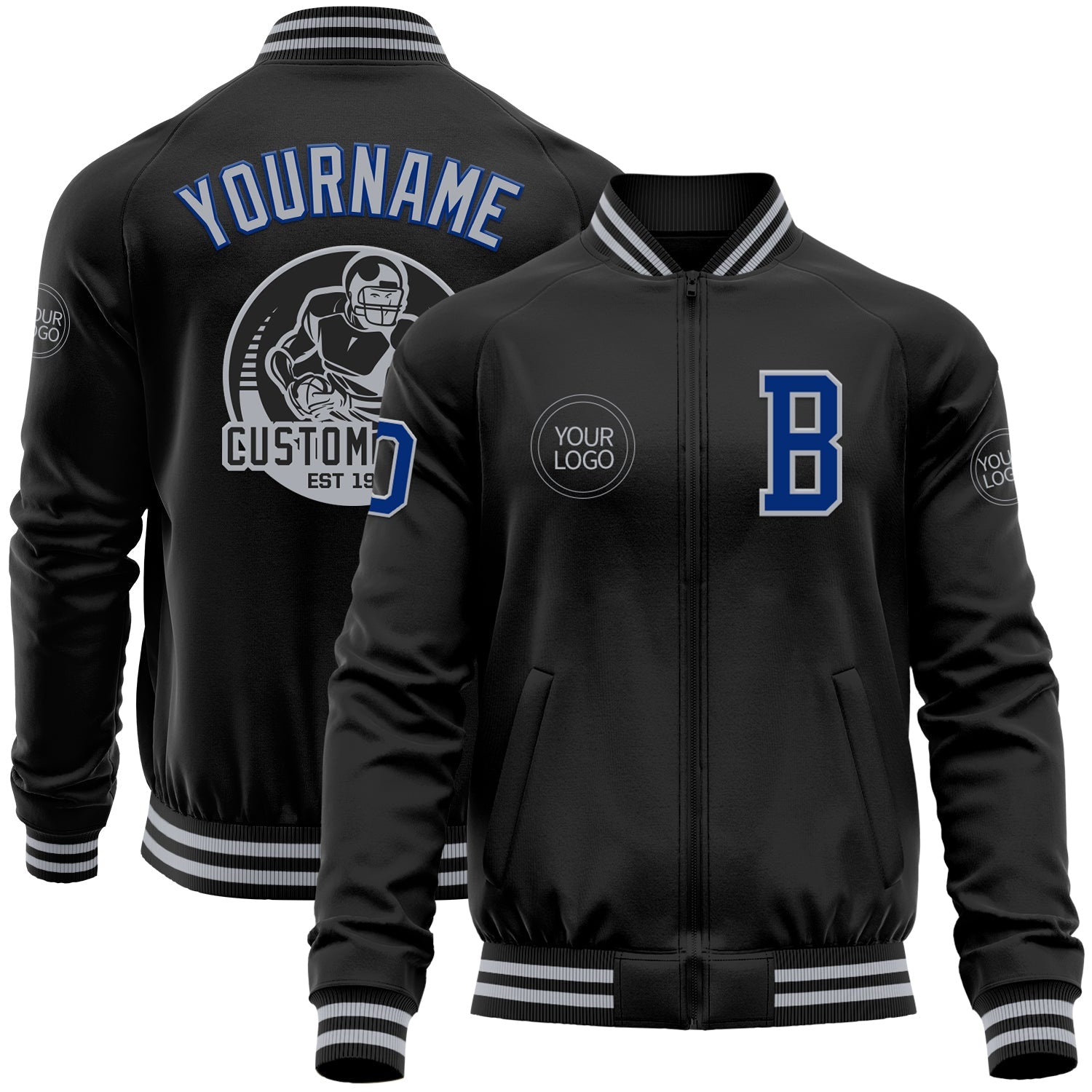 Custom Black Royal-Gray Bomber Varsity Letterman Zipper Jacket - Main View