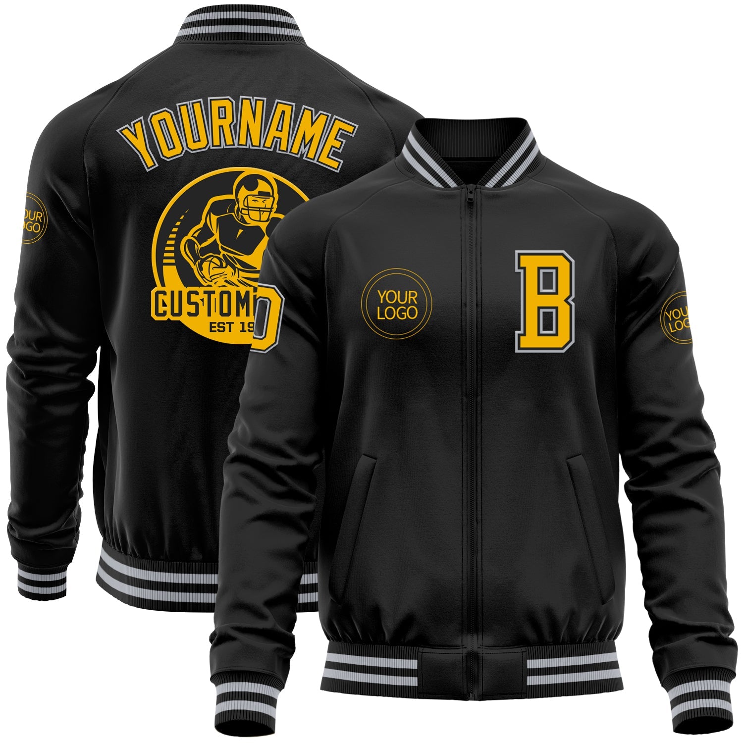 Custom Black Gold-Gray Bomber Varsity Letterman Zipper Jacket - Main View