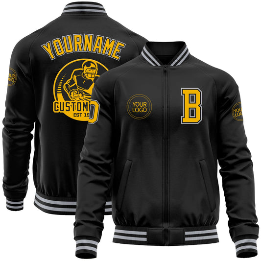 Custom Black Gold-Gray Bomber Varsity Letterman Zipper Jacket - Main View