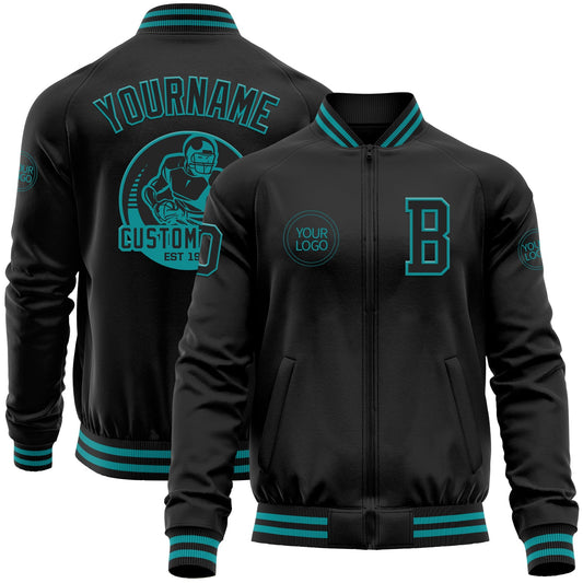 Custom Black Teal Bomber Varsity Letterman Zipper Jacket - Main View