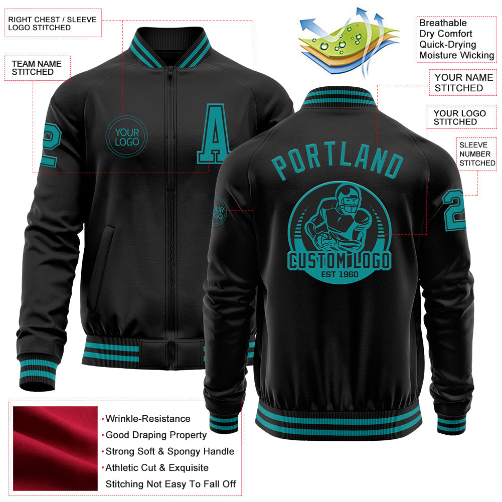 Custom Black Teal Bomber Varsity Letterman Zipper Jacket view 4