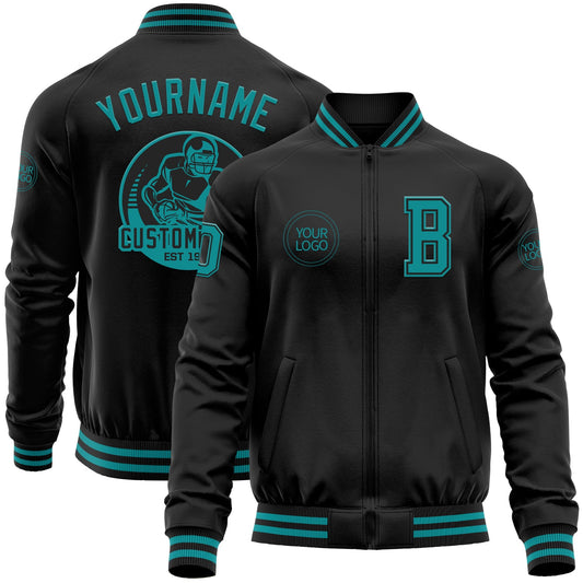 Custom Black Teal Bomber Varsity Letterman Zipper Jacket - Main View