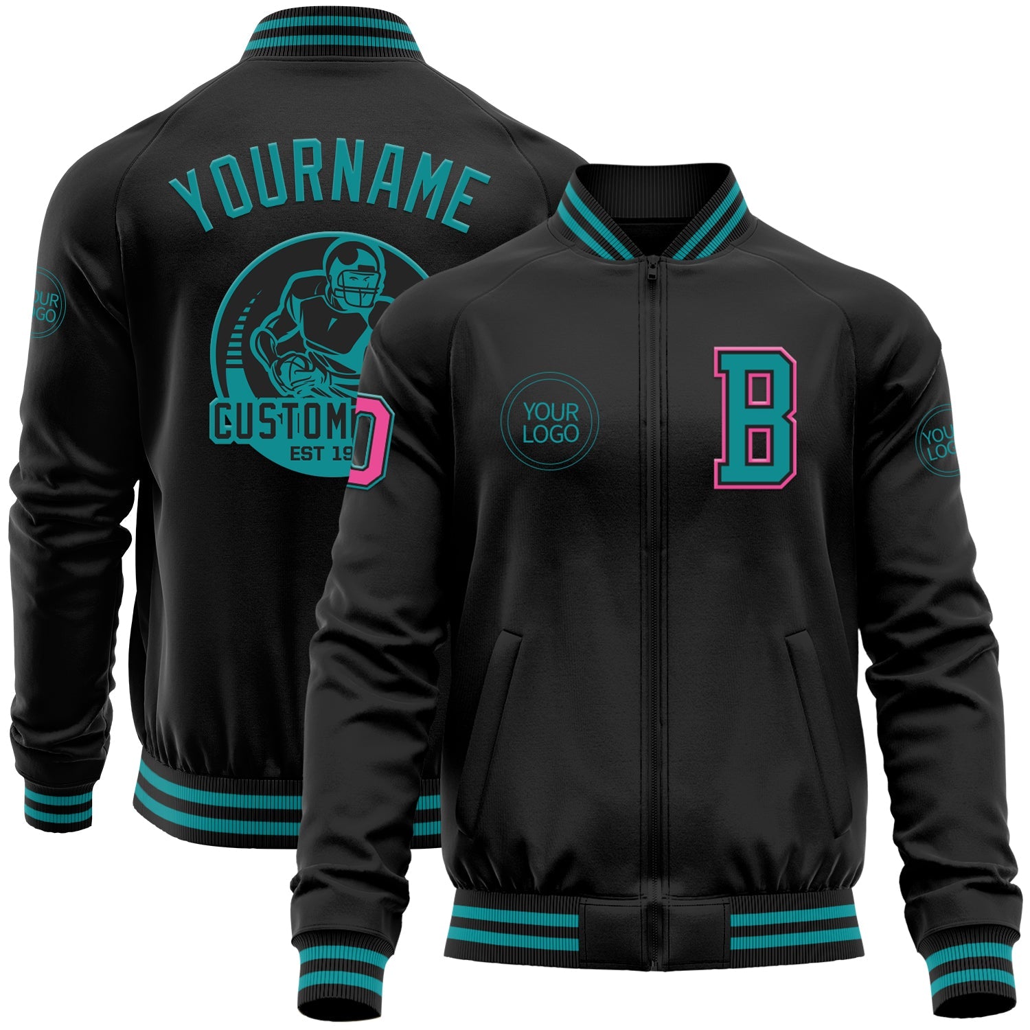 Custom Black Teal-Pink Bomber Varsity Letterman Zipper Jacket - Main View