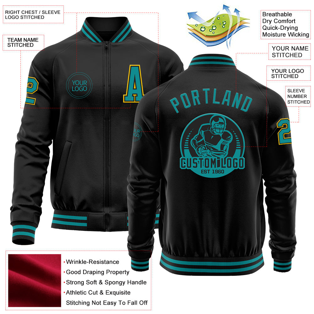 Custom Black Teal-Yellow Bomber Varsity Letterman Zipper Jacket view 4