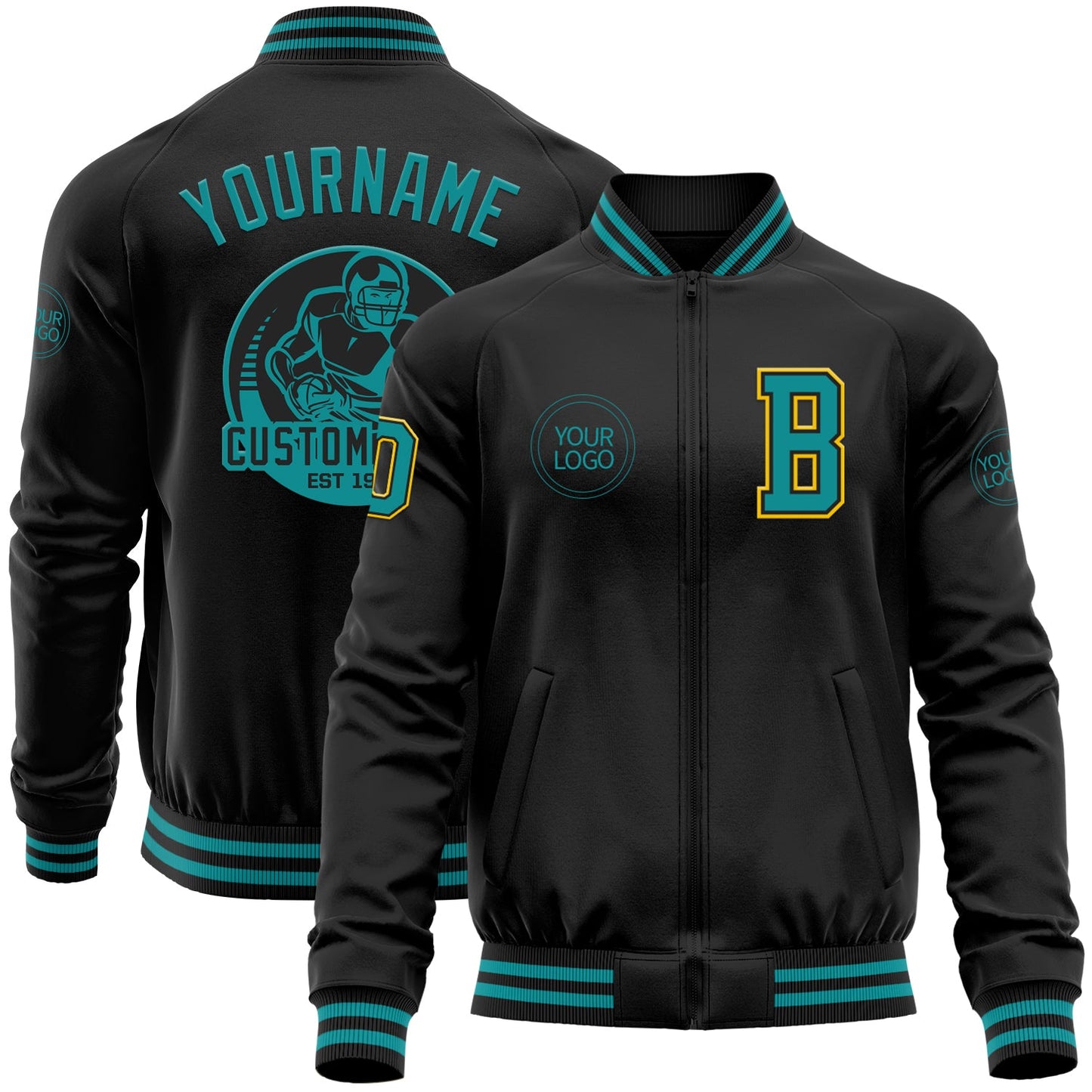 Custom Black Teal-Yellow Bomber Varsity Letterman Zipper Jacket - Main View