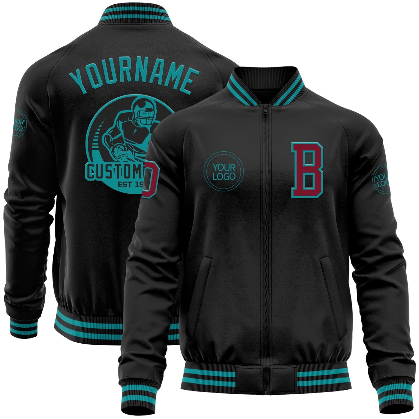 Custom Black Crimson-Teal Bomber Varsity Letterman Zipper Jacket - Main View