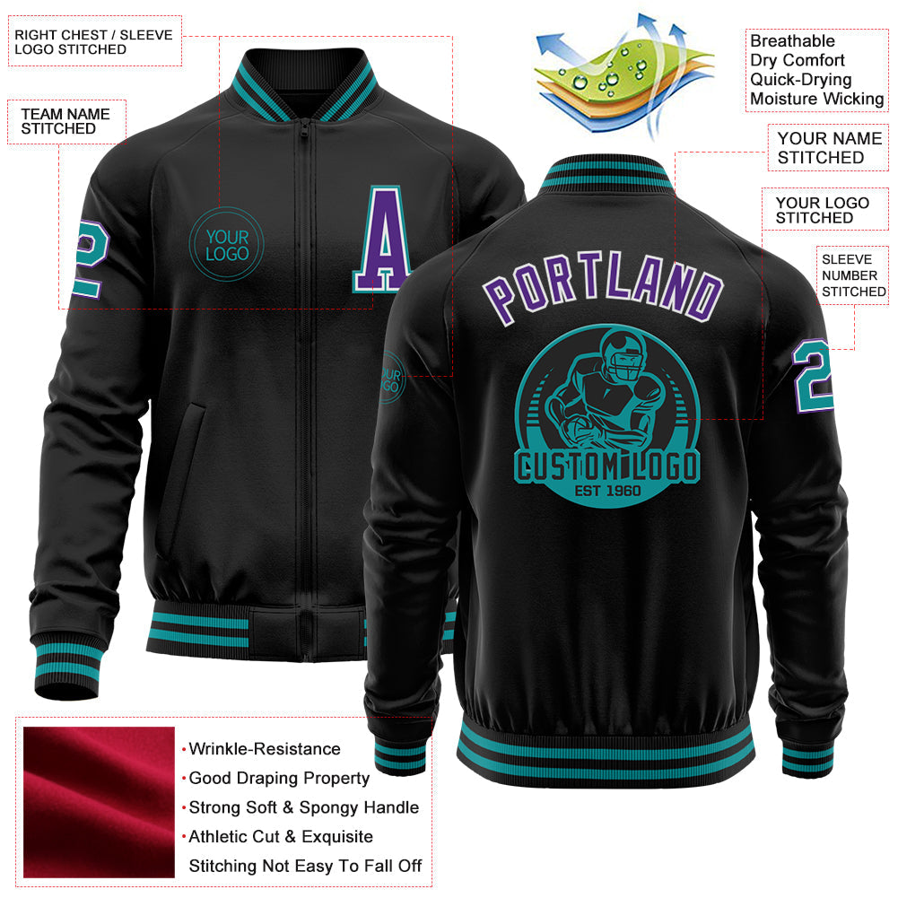 Custom Black Teal-Purple Bomber Varsity Letterman Zipper Jacket view 4