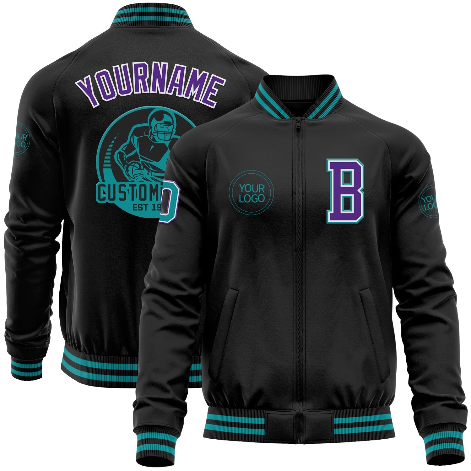 Custom Black Teal-Purple Bomber Varsity Letterman Zipper Jacket - Main View