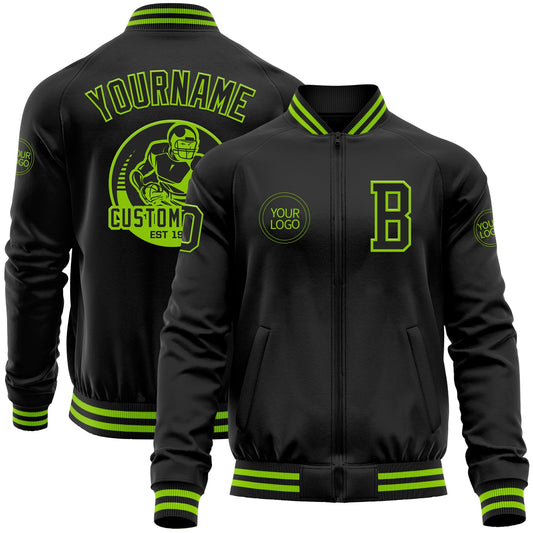 Custom Black Neon Green Bomber Varsity Letterman Zipper Jacket - Main View