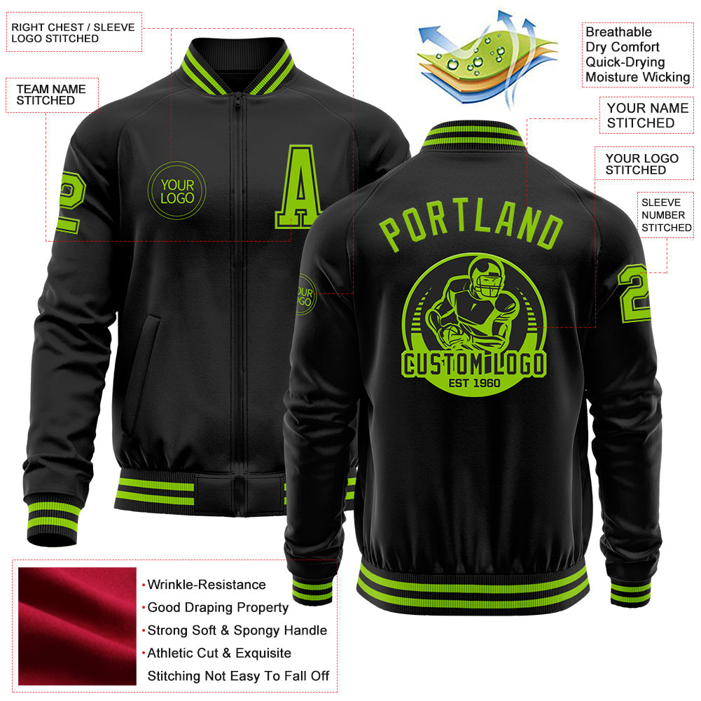 Custom Black Neon Green Bomber Varsity Letterman Zipper Jacket view 4