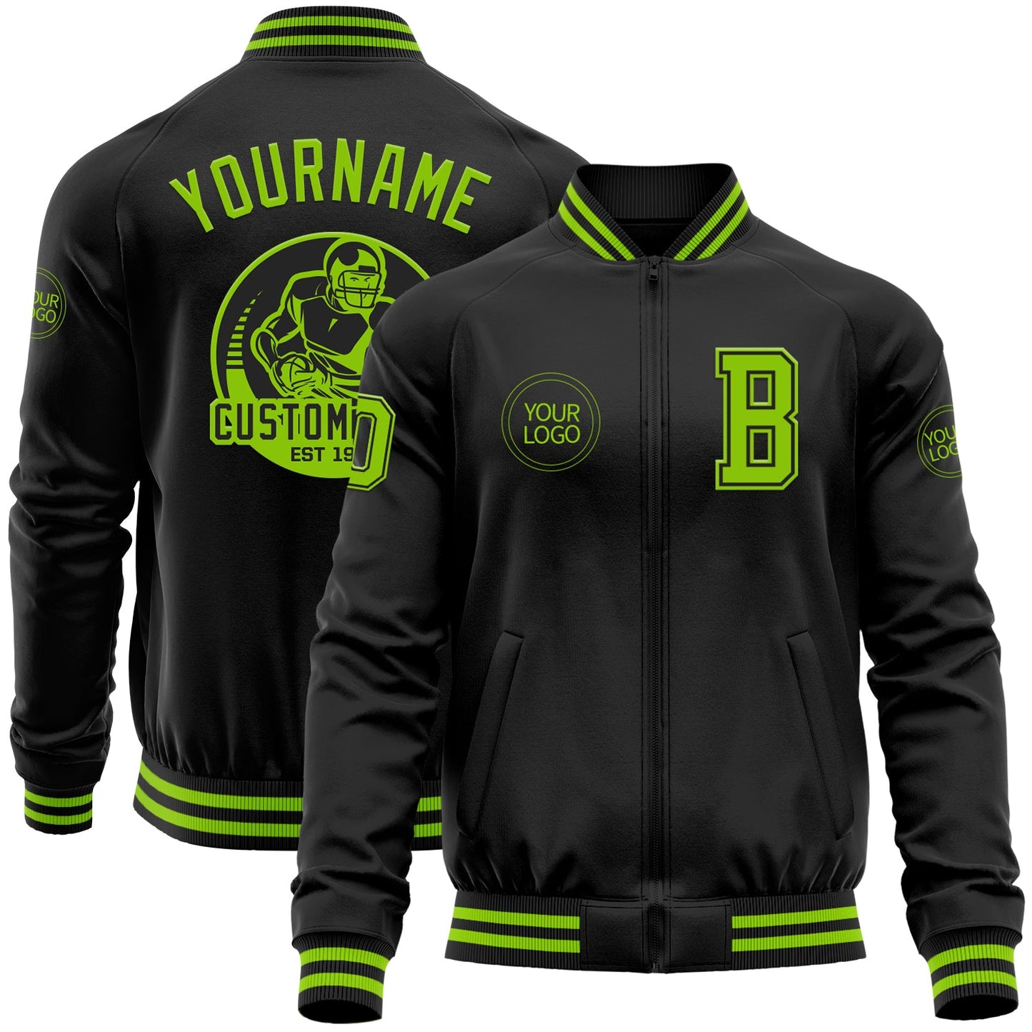 Custom Black Neon Green Bomber Varsity Letterman Zipper Jacket - Main View