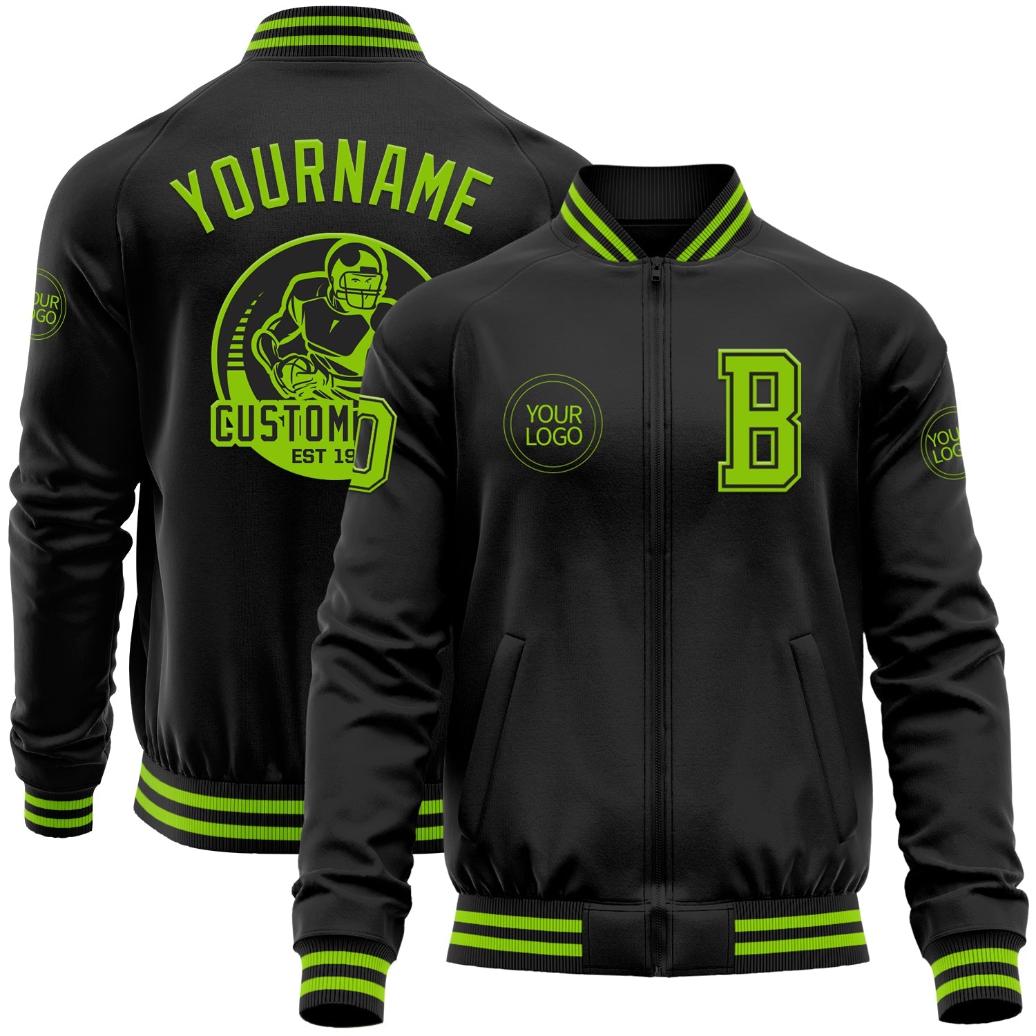 Custom Black Neon Green Bomber Varsity Letterman Zipper Jacket - Main View