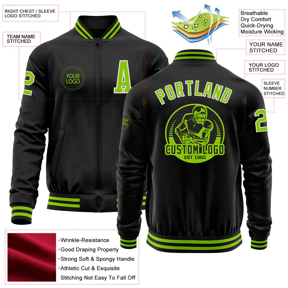 Custom Black Neon Green-White Bomber Varsity Letterman Zipper Jacket view 4