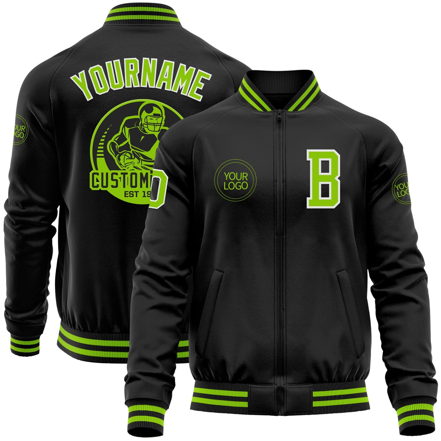 Custom Black Neon Green-White Bomber Varsity Letterman Zipper Jacket - Main View
