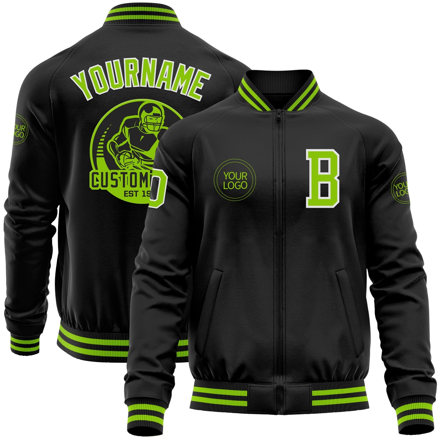 Custom Black Neon Green-White Bomber Varsity Letterman Zipper Jacket - Main View