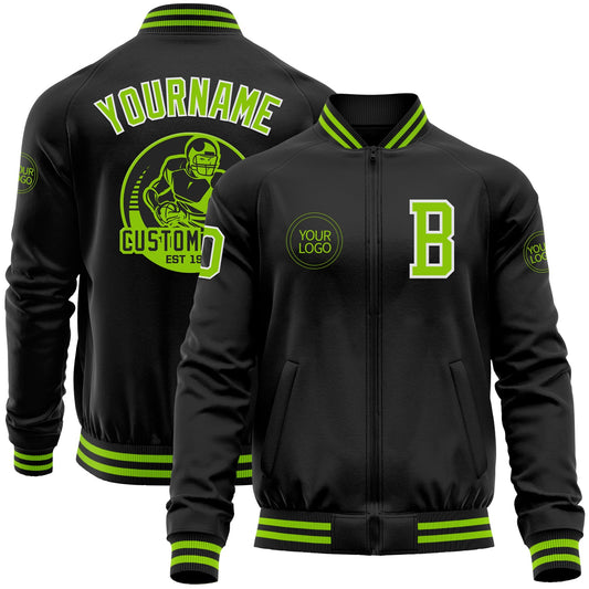 Custom Black Neon Green-White Bomber Varsity Letterman Zipper Jacket - Main View