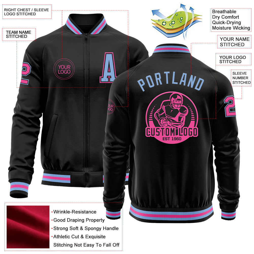 Custom Black Light Blue-Pink Bomber Varsity Letterman Zipper Jacket view 4